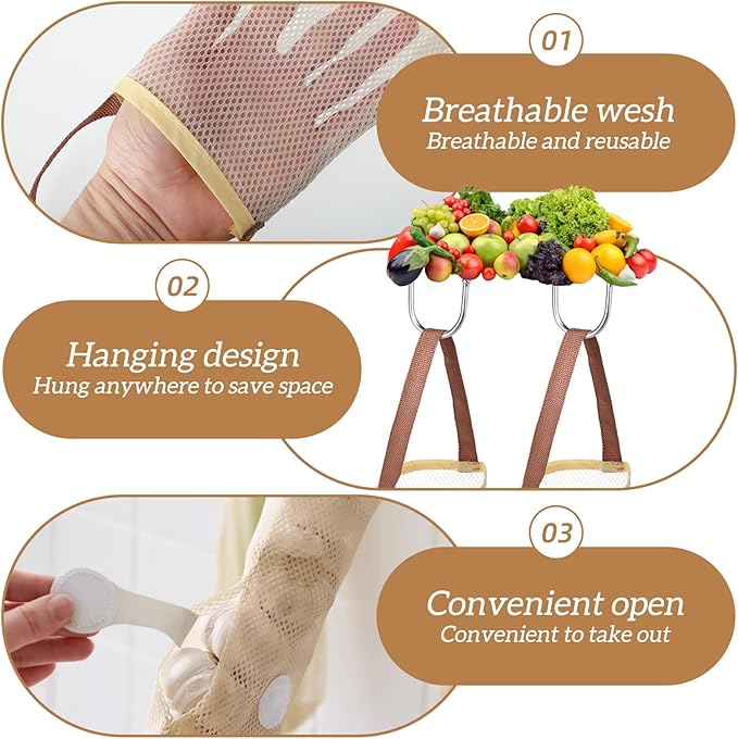 Larrel 5PCS Hanging Mesh Storage Bags, Potatoes Onion Garlic Mesh Storage Bags, Long and Large Reusable Net Produce Bag, Net Produce Bag for Fruit and Veggies, Garbage-Bags for Home RV Camper (Beige)