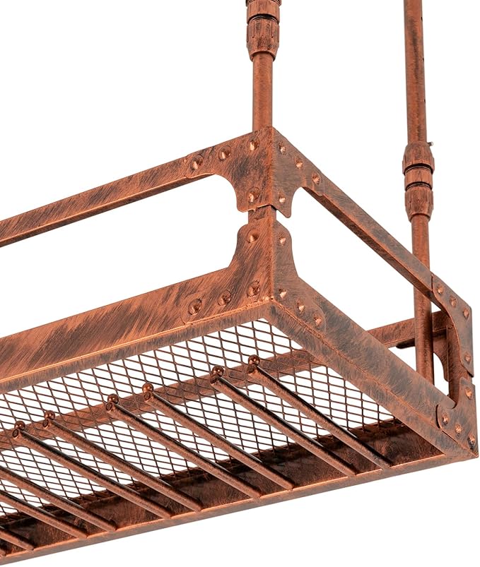 Industrial Wine Rack Ceiling Mounted, 110 lbs Heavy Duty, Adjustable Height, Holds 27 Glasses, Vintage Iron Floating Shelf for Kitchen, Bar, Restaurant (Copper-Colored)