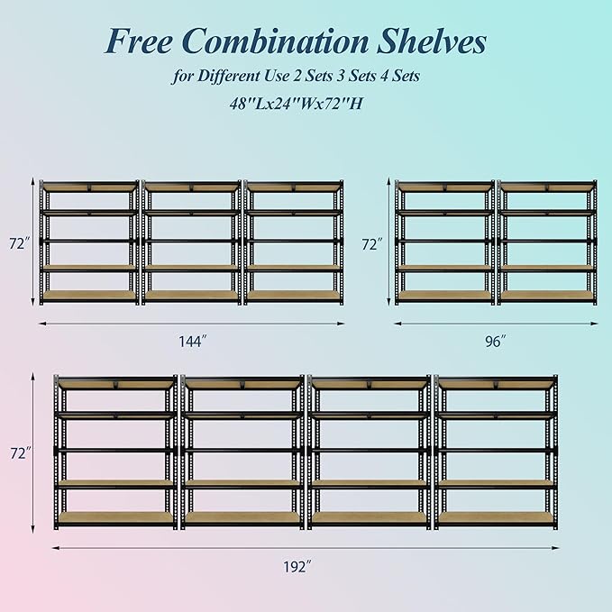 Heavy Duty Garage Storage Shelves, 3000 Lbs Capacity, 5-Tier Adjustable Storage Shelving Unit, 48" L x 24" W x 72" H Metal Shelving Racks for Kitchen Pantry Basement Bathroom Laundry