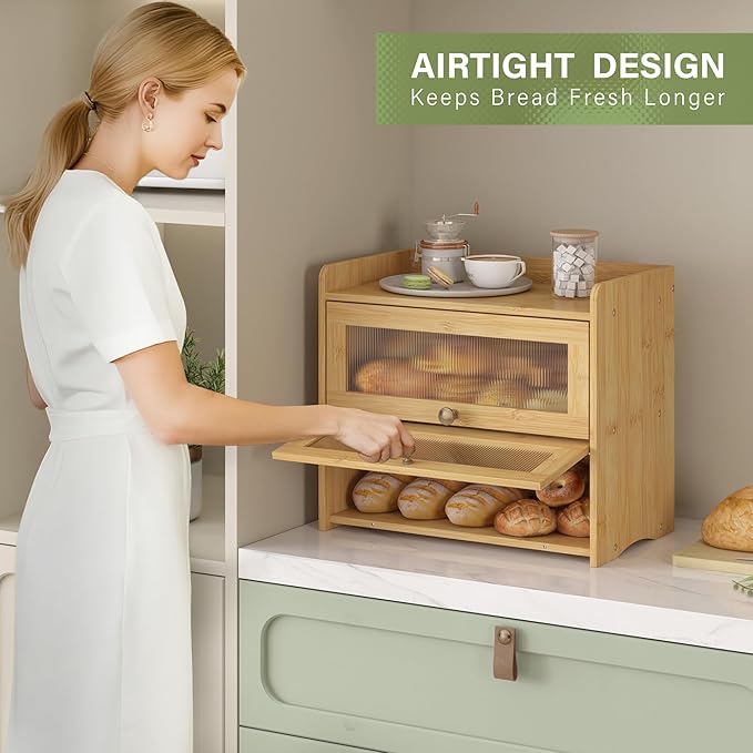 Large Bread Box for Kitchen Countertop Wooden Double Layer Breadbox Organizer with Window Vintage Farmhouse Bread Storage Container for Homemade Bread (Natural Bamboo)