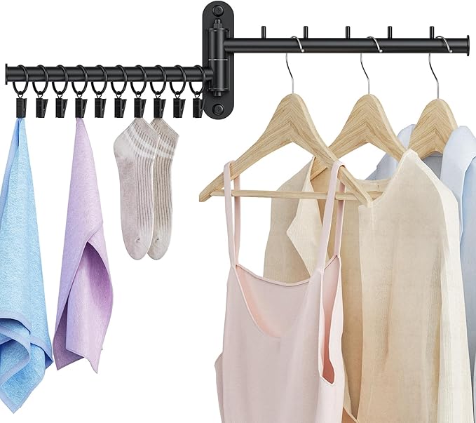 Wall Mounted Drying Rack, 2-Tier Laundry Drying Rack with Swing Arm, Space-Saving Foldable Laundry Clothes Hanger with 10 Clips for Laundry Room Closet Organizer Bathroom Bedroom