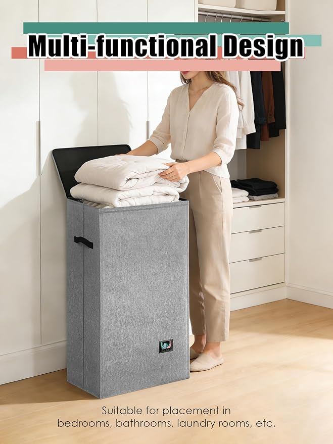 Laundry Hamper with Lid, Reinforced Sturdy Clothes Hamper with Anti-Puncture Base, Large Collapsible Laundry Basket with Removable Liner Bag, Tall Dirty Clothes Bin for Family, 100L Grey