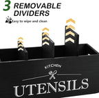 Kitchen Utensil Holder with 4 Compartments, Wooden Utensil Organizer for Countertop, Ideal for Storage and Organization, Rustic Cooking Utensil Kitchen Tool, Black