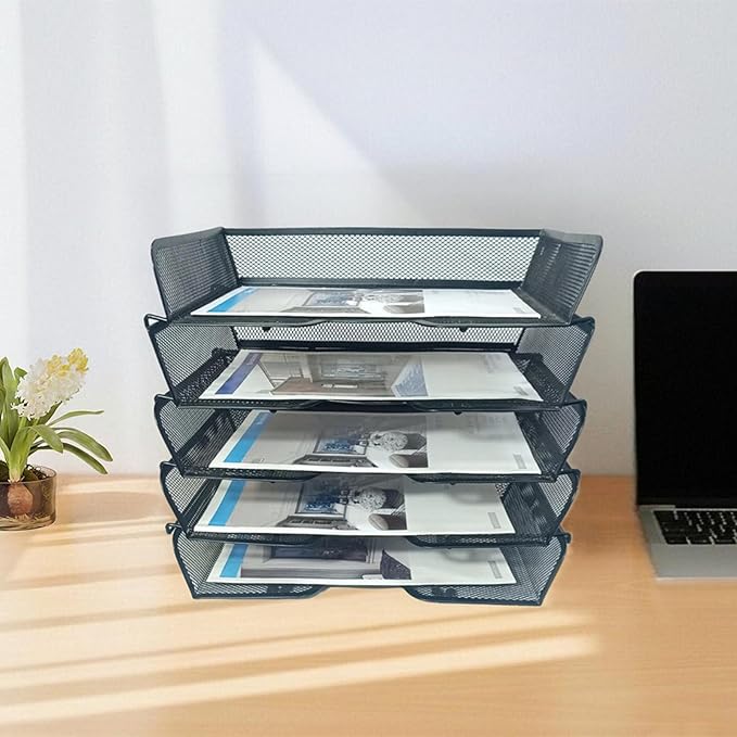 5 Tier Metal Mesh Desk Organizer-Stackable Letter Trays for Office Supplies,Black File Storage System with Reinforced Edges