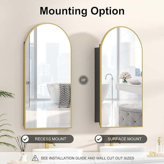 Recessed Medicine Cabinet,Brushed Brass Gold Arched Medicine Cabinet with Mirror for Bathroom,Metal Edge Mirrored Medicine Cabinets,in Wall Arch Medicine Cabinets Mirror with Storage 16x31