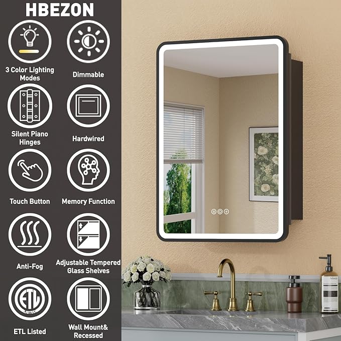 20 x 28 Inch LED Medicine Cabinet with Mirror, UL Certified Dimmable Lighted Bathroom Mirror Cabinet, Anti-Fog & Memory Function, 3 Color Modes, Recessed or Wall Mounted, Adjustable Shelf, Black
