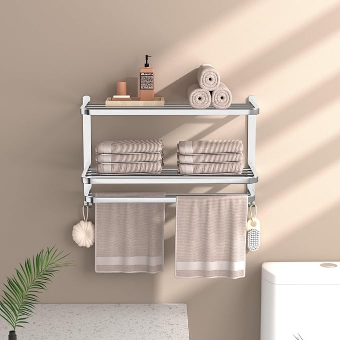 DDS-DUDES 23 Inches 3-Tier Towel Racks for Bathroom with Towel Bars Multilayer Hotel Towel Shelf Stainless Steel Wall-Mounted Brushed Finish Holder with Towel Shelves