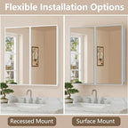 26 x 32 inch, Bathroom Medicine Cabinet, Double Mirror Doors, Bathroom Recessed Cabinet, Platstic Framed with Double Doors Wall Cabinet, Removable Glass Shelves, Recessed or Surface Mount