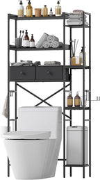 Over The Toilet Storage with 2 Drawers - 7 Tier Bathroom Organizer with Adjustable Shelf, Freestanding Space Saver Storage Rack Above Toilet Stand with Hooks for Small Restroom, Laundry(Black)