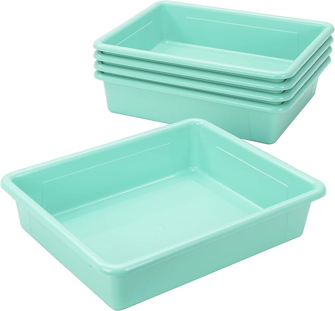 Storex Letter Size Flat Storage Tray – Organizer Bin with Non-Snap Lid for Classroom, Office and Home, Teal, 5-Pack (62541A05C)