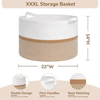 CHICVITA XXL Extra Large Blanket Basket, Cotton Rope Storage Basket for Organizing, Home Decor Woven Basket for Laundry Baby Nursery Decorative Toy Bin, White and Brown, 22" x 22" x 14"