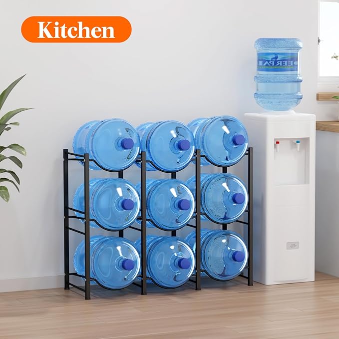 Lifewit 5 Gallon Water Jug Holder, 3 Tier Water Bottle Stand, 9 Slots Heavy Duty Water Dispenser Rack for Gallon Jugs, 375 lb/170 kg Capacity Detachable Water Jug Shelf Organizer for Home/Office Black