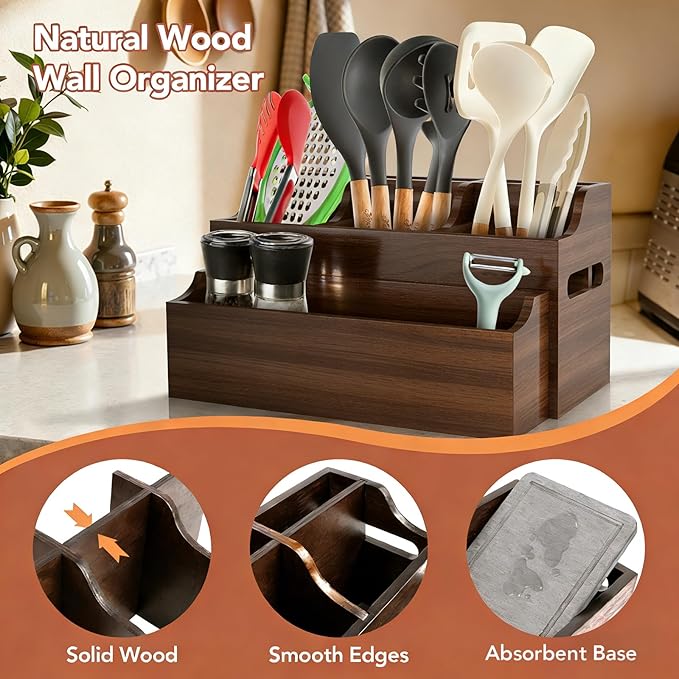 Wooden Utensil Holder for Kitchen Counter, Large Divided Utensil Crock with Removable Compartments, Farmhouse Cooking Utensil Organizer with Spoon Rest & Wall Mount Option