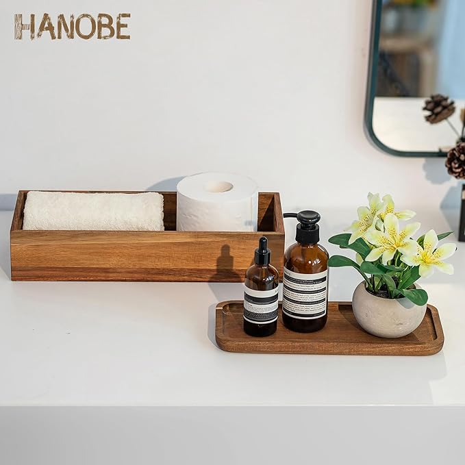 Hanobe Bathroom Toilet Tank Basket: Wood Acacia 2pcs Toilet Paper Topper with Vanity Tray Back of Organizer Toiletry Storage Holder Box