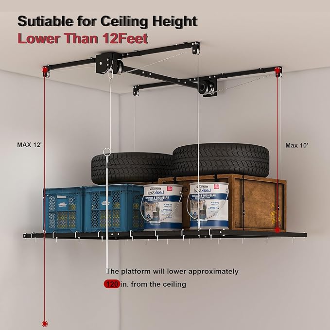 Hanging Garage Ceiling Storage Racks, Adjustable Overhead Garage Storage Lift, Mounted 4×4 FT Heavy-Duty Steel Platform for High Ceilings 10–12 FT, Supports 250 lbs for Everyday Use