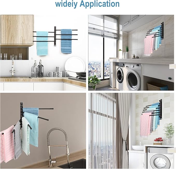 Matte Black 6 - Arm Stainless Steel Swivel Towel Rack with Hook: Wall - Mounted, Rustproof Space - Saver for Bathroom & Kitchen - 180° Rotation, 14kg Capacity