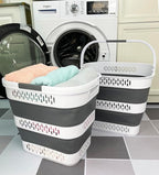 SAMMART 40L (10.5 Gallon) Collapsible Plastic Laundry Basket with Handles - Foldable Pop Up Storage Container/Organizer - Portable Laundry Hamper - Space Saving (2, White/Steel Grey)
