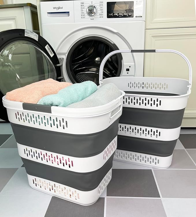 SAMMART 40L (10.5 Gallon) Collapsible Plastic Laundry Basket with Handles - Foldable Pop Up Storage Container/Organizer - Portable Laundry Hamper - Space Saving (2, White/Steel Grey)