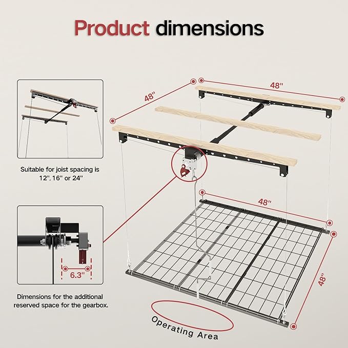 Overhead Garage Storage Rack for 12–14 FT Ceiling, Heavy-duty 4x4 FT Ceiling Storage Racks with Safety Lock, Ideal for Garage Storage Mounted Lift System and Storage Organizer, 250lbs Capacity