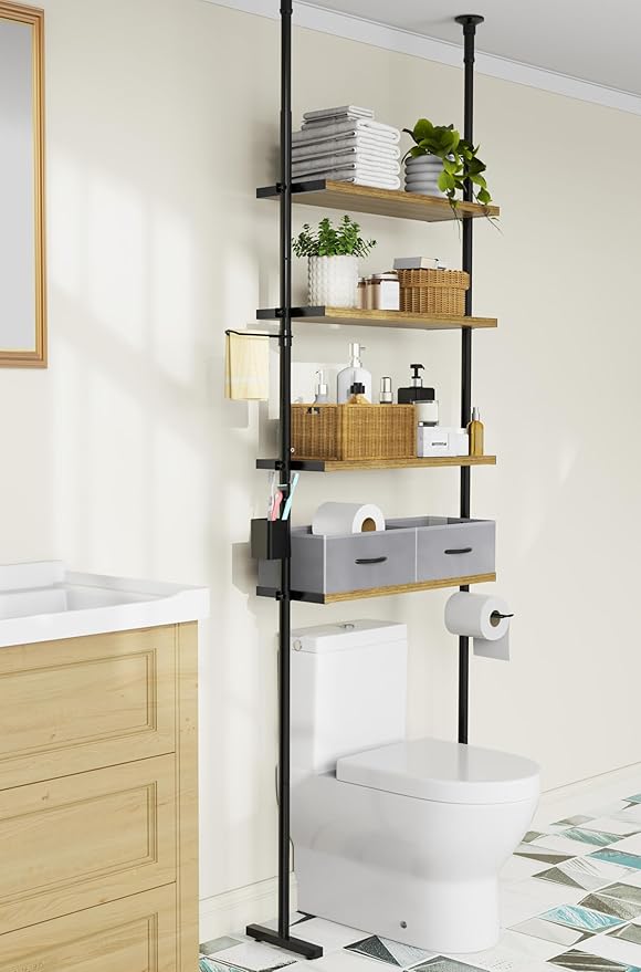 Over The Toilet Storage - 4 Tier Bathroom Organizer Shelf, Freestanding Bathroom Organizer, Sturdy Behind Toilet Rack with Hooks, Space-Saving Design, Fits Most Toilets, Rustic Brown