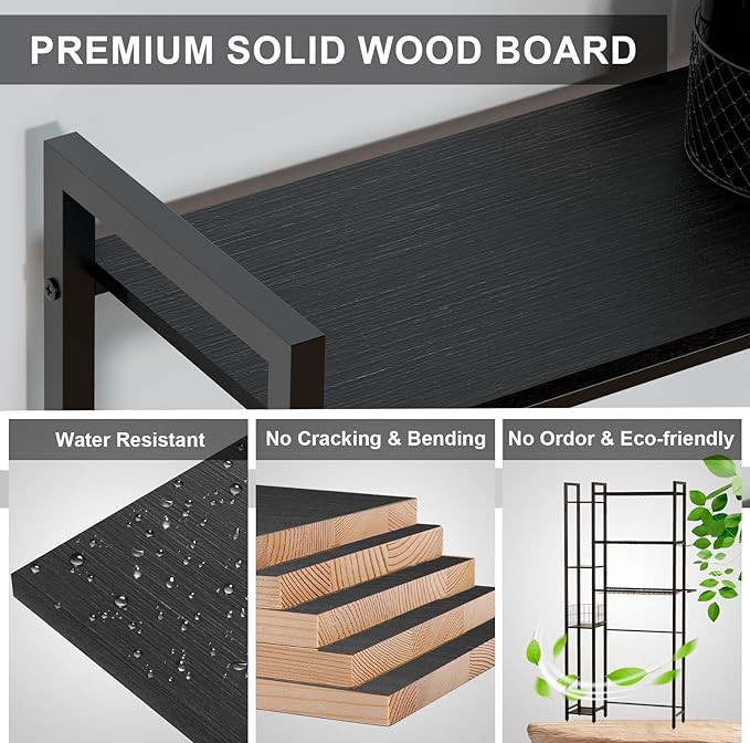 Over The Toilet Storage with Wooden Shelves and Side Rack, 7-Tier Black Over Toilet Bathroom Organizer Freestanding Storage Shelf for Toilet Paper, Towels, Toiletries, 31.5" Wide