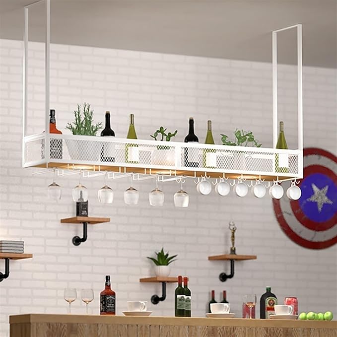 Ceiling Hanging Wine Glass Holder - Ceiling Shelf, Ceiling Wine Rack Display Stand, Hanging Solid Wood Plant Stand, Wall Mounted Iron Art Wine Bottle Holder, LOFT Ceiling Mounted Storage Rack ( Color