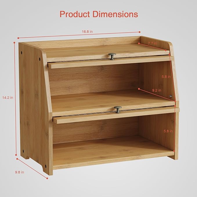 Large Bread Box for Kitchen Countertop, Double Layer Breadbox for Homemade Loaf Bread, Farmhouse Bread Storage Container Bin for Kitchen Counter Pantry Cupboard (Natural Bamboo)