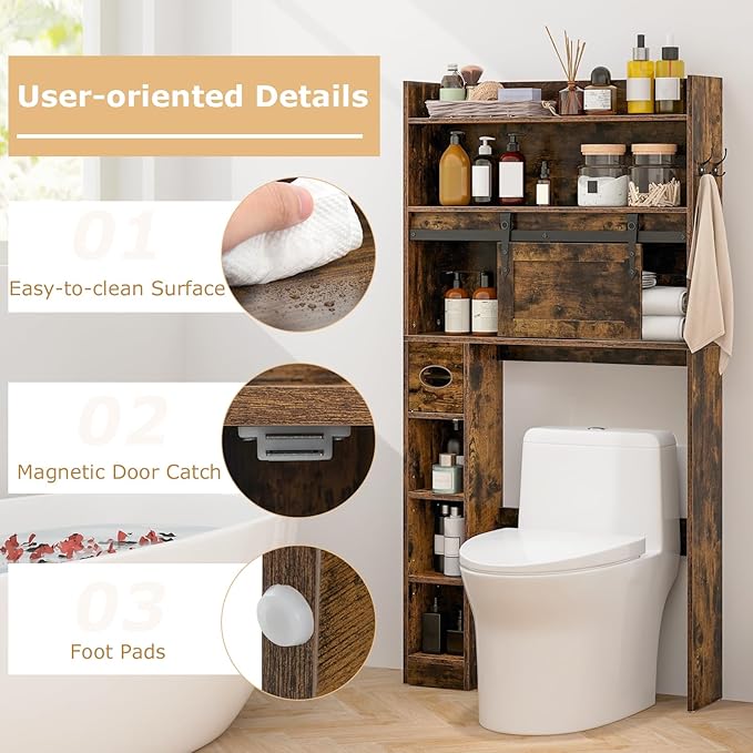 Giantex Over The Toilet Storage Cabinet, Farmhouse Space Saver with Sliding Door, Toilet Paper Holder, Side Hooks & Adjustable Shelves, Over Toilet Bathroom Organizer for Laundry, Restroom (Brown)