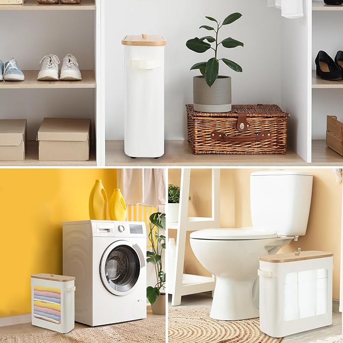 Toilet Paper Storage Basket with Lid and Handle, Foldable Toilet Paper Organizer, Large Capacity Bathroom Storage Holder for 12 Mega or 16 Regular Rolls, Beige