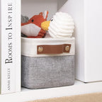 DULLEMELO Fabric Bathroom Storage Bin with Leather Handles, Narrow Organizer for Towels, Toilet Paper Rolls, Storage Basket for Back of Toilet, Vanities, Shelves & Cabinets (White&Gray)