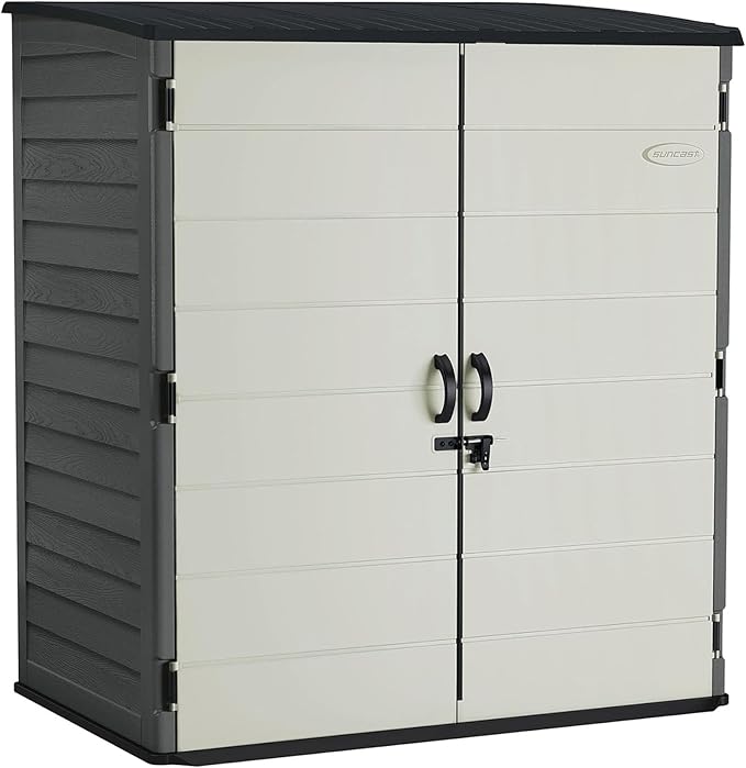 Suncast 106 Cu Ft Extra Large Vertical Outdoor Storage Shed - Resin Shed & Outdoor Storage with Floor and Lockable Double Doors, Weatherproof for Garden Tools, Pool Equipment, & Patio Cushions