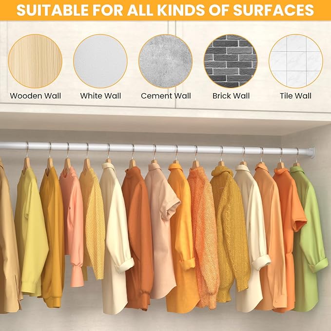 Closet Rods for Hanging Clothes, 17-98 Inch No-Cut Stepless Adjustable Closet Rod, 1.3 Inch Heavy Duty Metal Closet Hanging Rod with Brackets, White Closet Bar for Closet, Laundry Room, RV, Wardrobes