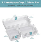 9 Pack Large Clear Plastic Drawer Organizer Trays, Desk Drawer Organizers and Storage Dividers, Non-Slip Storage Bins for Jewelry, Snacks, Office, Bathroom, Bedroom and Kitchen