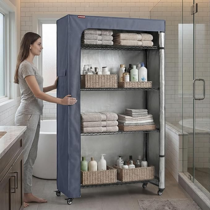 600D Oxford Wire Rack Cover 30" W x 14" D x 62" H, Heavy Duty Waterproof Shelving Protector with Side Tool Pocket, 3-Way Opening Dustproof Storage Shelf Cover for Bathroom, Grey