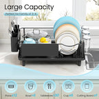 Stainless Steel Dish Drying Rack - Large Capacity Dish Rack for Kitchen Counter with Drain Board, Rustproof Dish Drainer with Drain Spout, Utensil Holder & Glass Holder, Dinnerware Organizer, Black
