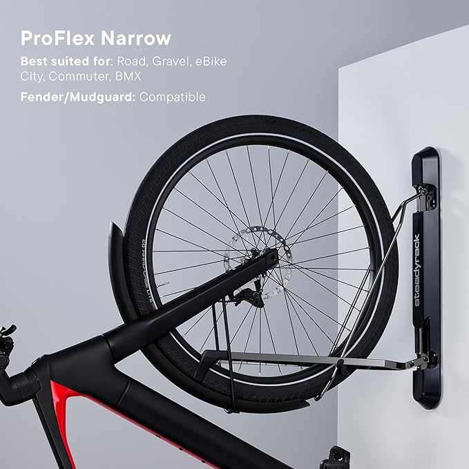 Steadyrack ProFlex Narrow Bike Rack - Vertical Wall Mount Bike Storage for Home - Roll-In Roll-Out System - Space-Saving Pivot - Fits Road, BMX, Gravel, Fender - Includes GearMate SteadySpine - 2 Pack