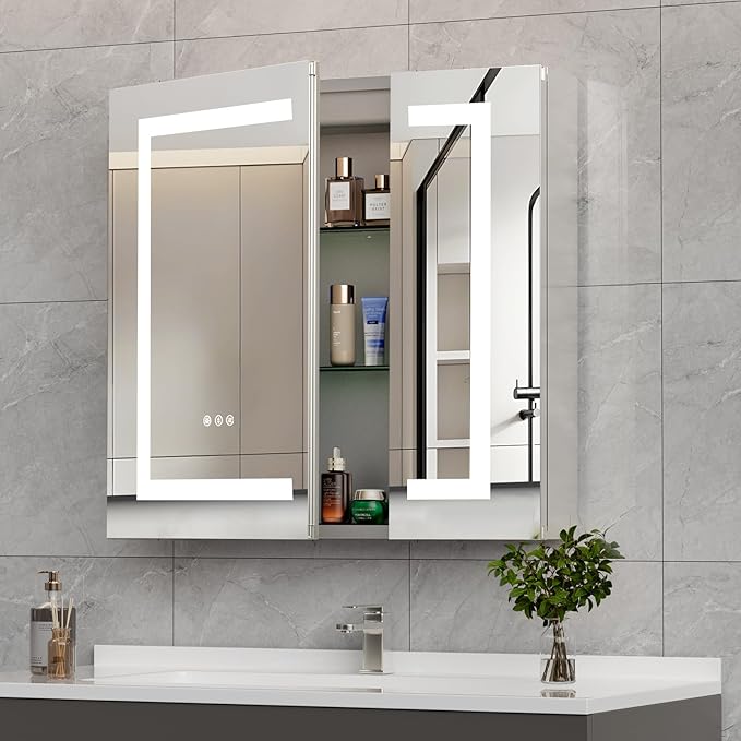30 * 26 Bathroom Lighted Medicine Cabinet, Professional Makeup Medicine Cabinet Mirror, Large Storage LED Mirror with USBs, Stepless Dimming & Anti-Fog, 3-Color Light