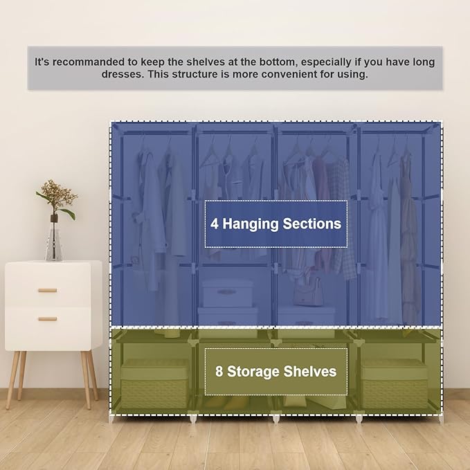 Portable Closet Wardrobe, 67-Inch Clothes Organizer with 4 Hanging Rods and 8 Shelves, Non-Woven Fabric Cover, Large Capacity Storage for Bedroom and Living Room, Grey