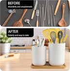 Utensil Holder,6.2"+5.2" Ceramic Utensil Caddy for Kitchen Counter with Bamboo Tray,Countertop Cooking Silverware Organizer for Spatula,Spoon,Knives Forks Caddy Holder,Kitchen Decor,Set of 2