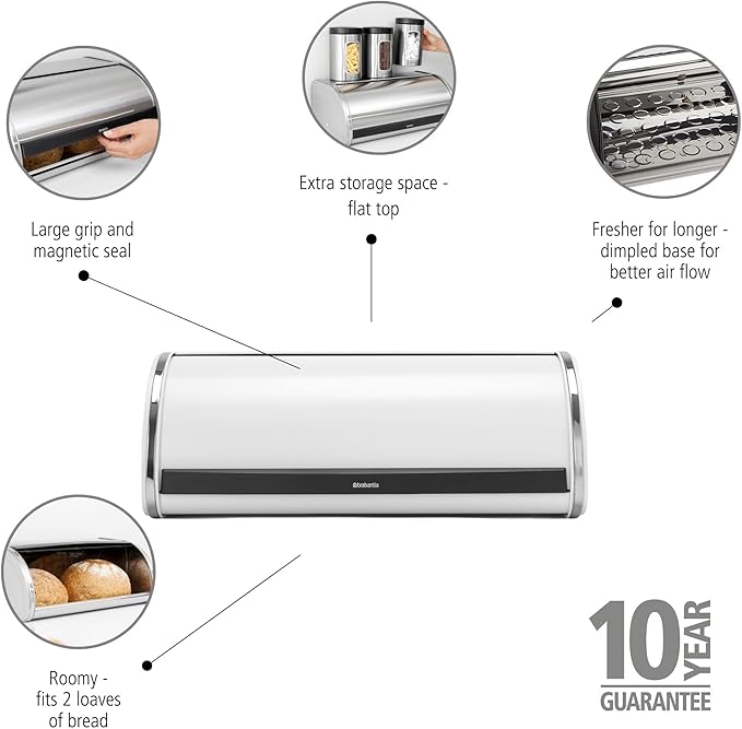 Brabantia Roll Top Bread Box | Large | White | Metal Front Opening Bread Store for Kitchen Countertop | Partly Flat Top for Extra Storage, Magnet Closing Lid | Fits 2 Loaves