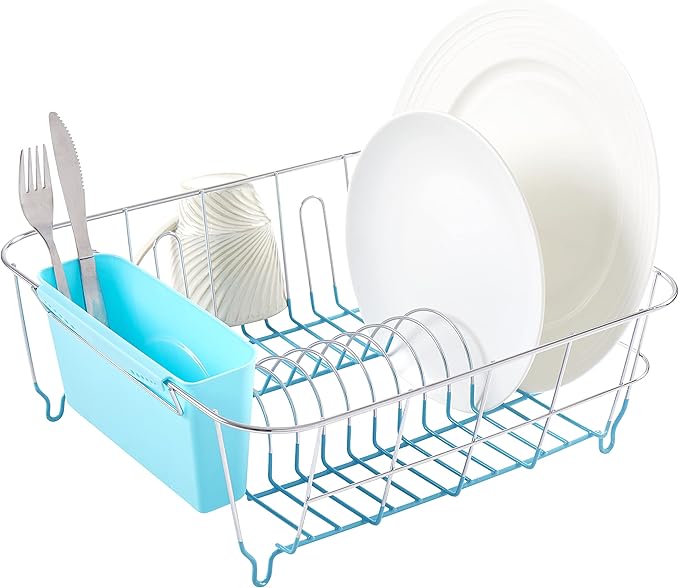 Sweet Home Collection 2 Piece Dish Drying Rack Set Drainer with Utensil Holder Simple Easy to Use Fits in Most Sinks, 14.5" x 13" x 5.25", Turquoise Blue (Pack of 12)