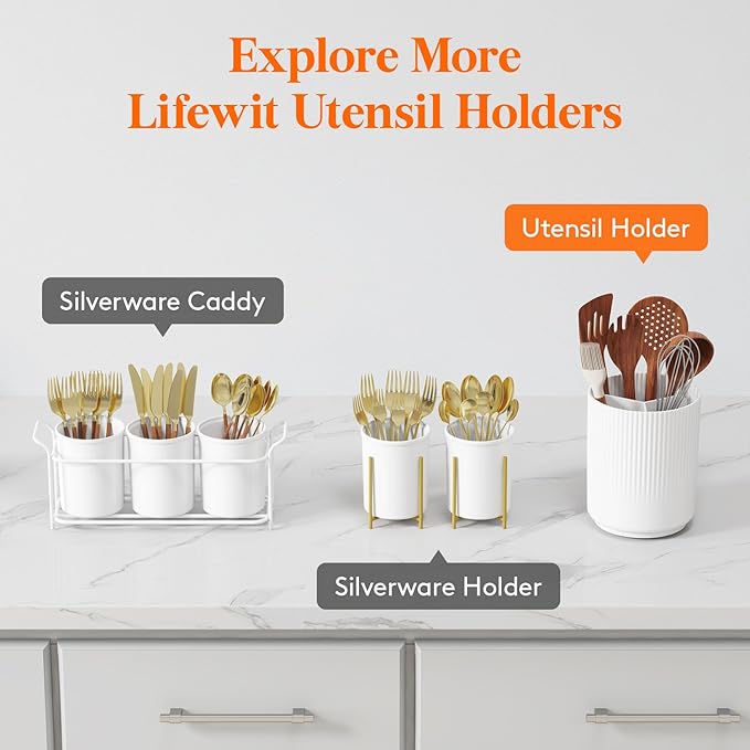 Lifewit 7.5" Plastic Utensil Holder for Kitchen Counter, Cooking Silverware Caddy with Non-Slip Rotating Base, 3 Compartment Spoon Spatula Cutlery Flatware Organizer with Dry Draining, White, 1 Pack