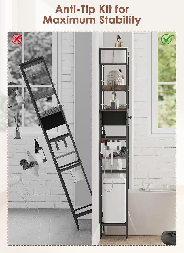 Over The Toilet Storage Rack, 7-Tier Over Toilet Bathroom Organizer with Adjustable Shelf, Above Toilet Storage with Hooks, Space-Saving, Brown Shelf