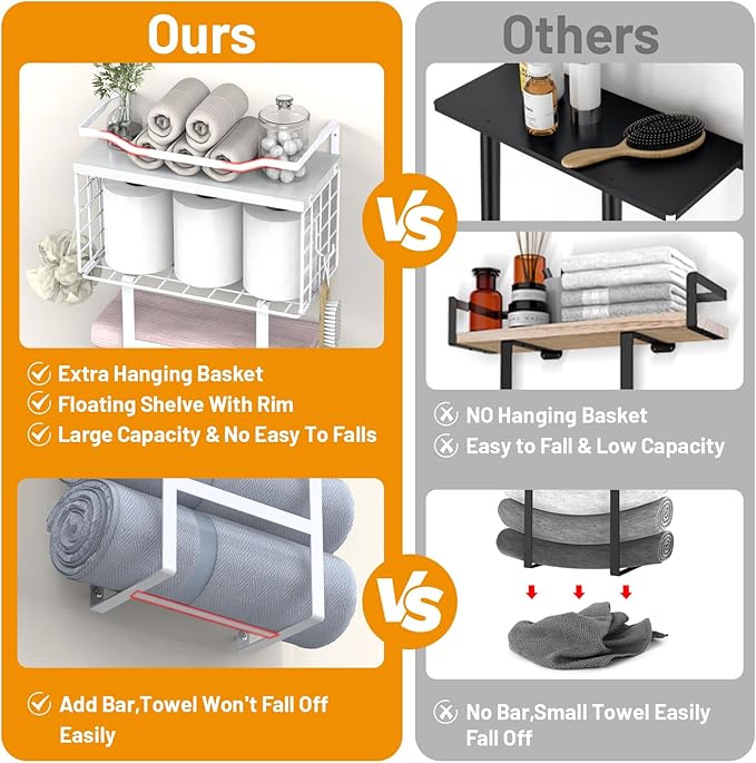 Towel Racks for Bathroom Wall Mounted, 4 tire Bath Towel Storage - with 2 Pack Towel Shelf and Floating Shelves Over Toilet, Rolled Towel Holder Shelf Organizer, Sturdy Metal & Wood, 34inch, White