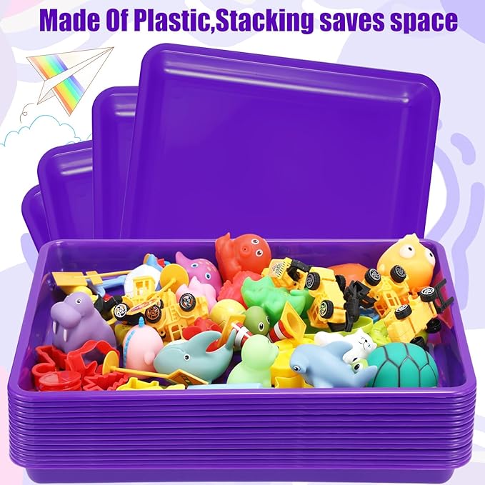 Maitys 15 Pcs Flat Plastic Trays 16.1 x 11.8'' Sensory Storage Paper Tray Stackable Classroom Bins for Office Home Organizer Crafts Supplies(Purple)