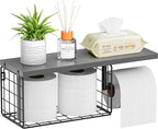 VITVITI Toilet Paper Holder with Shelf, Wall Mounted Toilet Paper Storage Basket, Wood Metal Toilet Roll and Wipes Holder for Bathroom Farmhouse (Gray)
