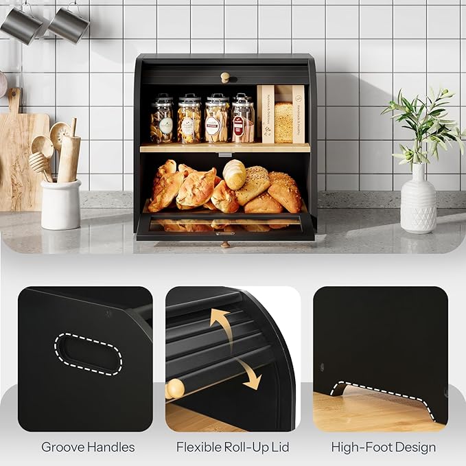 HOOBRO Bread Box, Bamboo Bread Box for Kitchen Countertop, 2 Tier Roll-Top Bread Bin, Food Storage Box, Large Capacity Keeper, Wooden Storage Cabinet, for Kitchen, Dining Room, Black BK13MB01