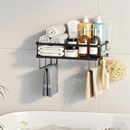 PowerKing Over The Toilet Storage Shelf, Bathroom Organizer Rack with 2 Hooks, No-Drill, Rust-Resistant Steel, Toilet Paper Holder for Restroom Bathroom, Black