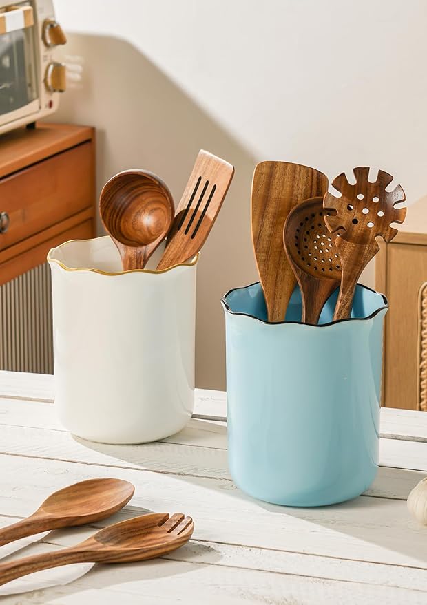 Onniyor Ceramic Kitchen Utensil Holder for Countertop, 7.4 Inch Large Cooking Utensil Crock for Spatulas, Spoons & Tools, Modern Farmhouse Organizer, Multi-Purpose Counter Decor, Easy to Clean, Blue