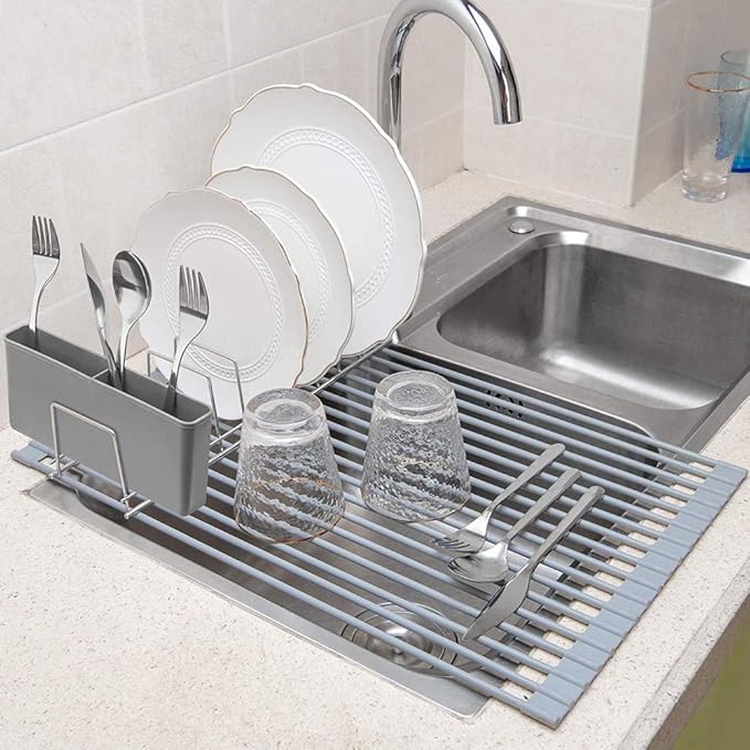 SANNO Plastic Utensil Silverware Storage Holder Caddy,Fit Kitchen Sink Drying Rack, Microfiber Dish Mat, Dish Drying Mat (Gray)